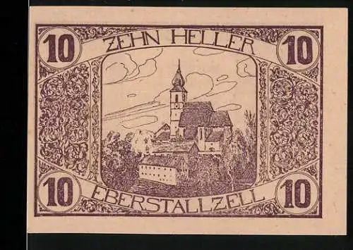 Notgeld Eberstallzell 1920, 10 Heller, Kirche und Bauer mit Ackergerät, Seriennummer und Wappen