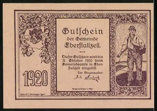 Notgeld Eberstallzell 1920, 10 Heller, Kirche und Bauer mit Ackergerät, Seriennummer und Wappen