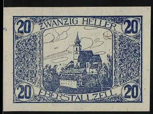 Notgeld Eberstallzell 1920, 20 Heller, Kirche und Bauer mit Sense, Gutschein der Gemeinde