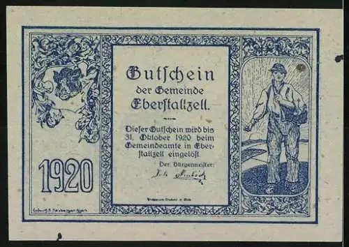 Notgeld Eberstallzell 1920, 20 Heller, Kirche und Bauer mit Sense, Gutschein der Gemeinde