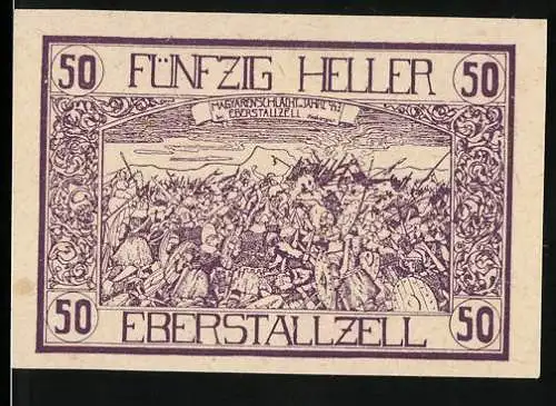 Notgeld Eberstallzell 1920, 50 Heller, Magyaren-Schlacht, Arbeiter mit Hacke, Wappen, Gutscheintext