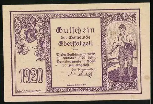 Notgeld Eberstallzell 1920, 50 Heller, Magyaren-Schlacht, Arbeiter mit Hacke, Wappen, Gutscheintext