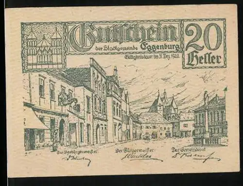 Notgeld Eggenburg 1920, 20 Heller, Stadtansicht und Stadtsiegel mit Inschrift