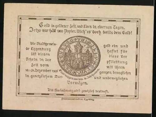 Notgeld Eggenburg 1920, 20 Heller, Stadtansicht und Stadtsiegel mit Inschrift