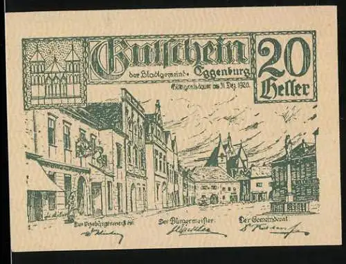 Notgeld Eggenburg 1920, 20 Heller, Stadtansicht und Stadtsiegel