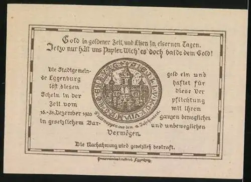 Notgeld Eggenburg 1920, 20 Heller, Stadtansicht und Stadtsiegel