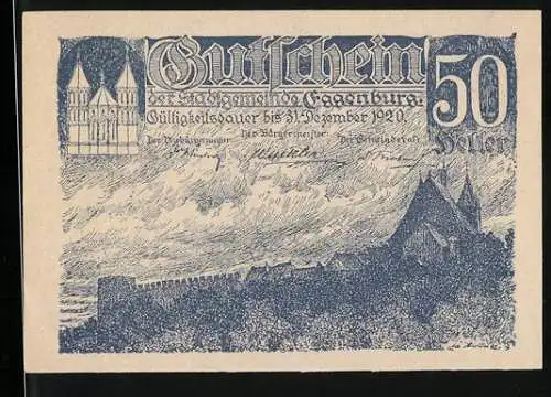 Notgeld Eggenburg 1920, 50 Heller, Burgansicht und Stadtwappen