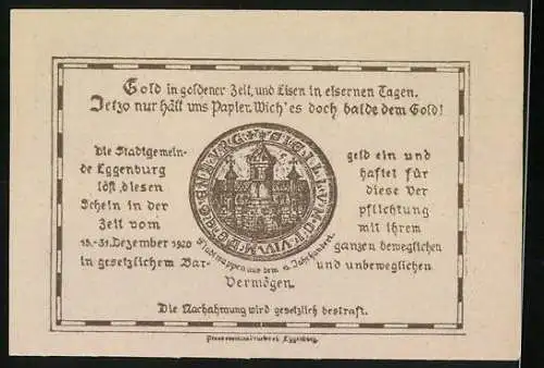 Notgeld Eggenburg 1920, 50 Heller, Burgansicht und Stadtwappen