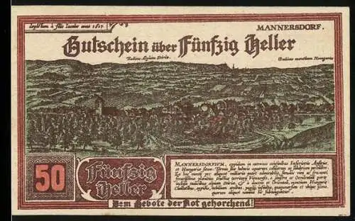 Notgeld Mannersdorf 1920, 50 Heller, Landschaftsansicht, mit Seriensignatur und Wappen