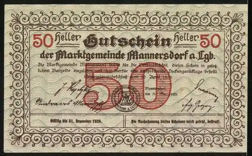 Notgeld Mannersdorf 1920, 50 Heller, Landschaftsansicht, mit Seriensignatur und Wappen