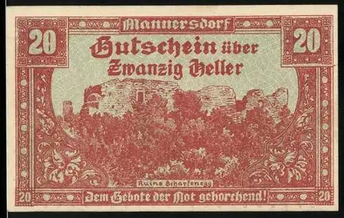 Notgeld Mannersdorf 1920, 20 Heller, Ruine Scharfeneck, Ziermuster und Inschriften