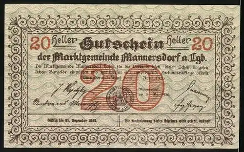 Notgeld Mannersdorf 1920, 20 Heller, Ruine Scharfeneck, Ziermuster und Inschriften