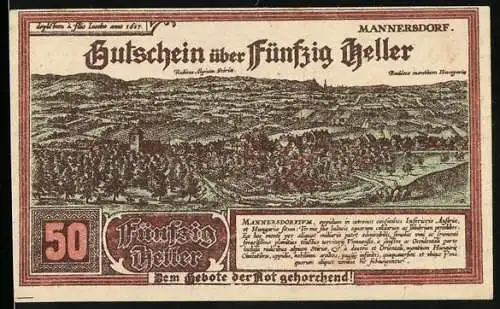 Notgeld Mannersdorf 1920, 50 Heller, Landschaftsansicht mit Stadtpanorama und dekorativem Rahmenmuster