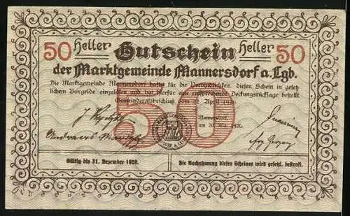 Notgeld Mannersdorf 1920, 50 Heller, Landschaftsansicht mit Stadtpanorama und dekorativem Rahmenmuster