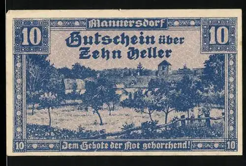 Notgeld Mannersdorf 1920, 10 Heller, Landschaftsmotiv und dekorativer Rand mit Unterschriften und Wappen