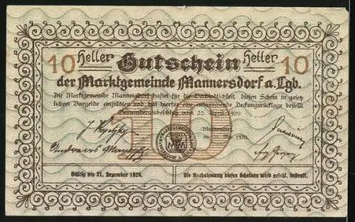 Notgeld Mannersdorf 1920, 10 Heller, Landschaftsmotiv und dekorativer Rand mit Unterschriften und Wappen