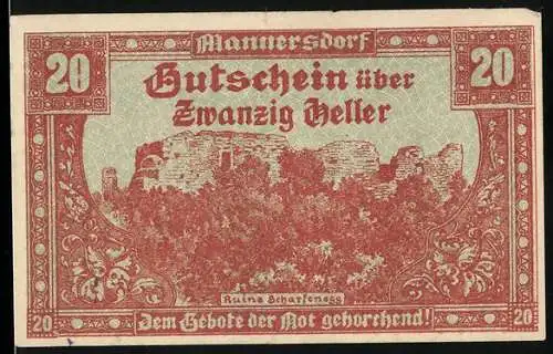 Notgeld Mannersdorf 1920, 20 Heller, Ruine Scharfeneck, ornamentaler Rahmen, Seriennummer und Wappen