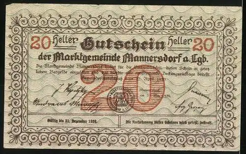 Notgeld Mannersdorf 1920, 20 Heller, Ruine Scharfeneck, ornamentaler Rahmen, Seriennummer und Wappen