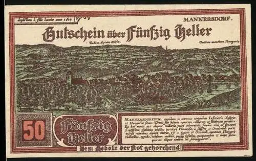 Notgeld Mannersdorf 1920, 50 Heller, Panoramablick auf Stadt mit Burg und Ornamenten, gültig bis 31. Dezember 1920