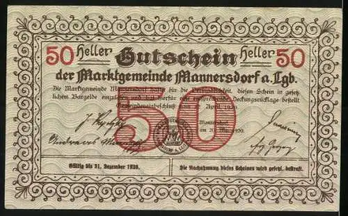 Notgeld Mannersdorf 1920, 50 Heller, Panoramablick auf Stadt mit Burg und Ornamenten, gültig bis 31. Dezember 1920