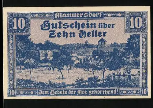 Notgeld Mannersdorf 1920, 10 Heller, Landschaftsmotiv mit Gebäude und dekorativem Randmuster