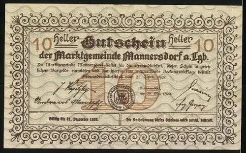 Notgeld Mannersdorf 1920, 10 Heller, Landschaftsmotiv mit Gebäude und dekorativem Randmuster