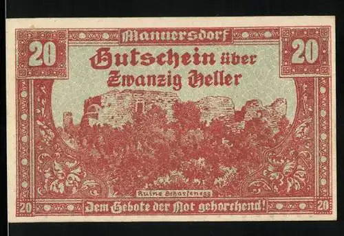 Notgeld Mannersdorf 1920, 20 Heller, Ruine Scharfeneck, dekorativer Rahmen und Signaturen