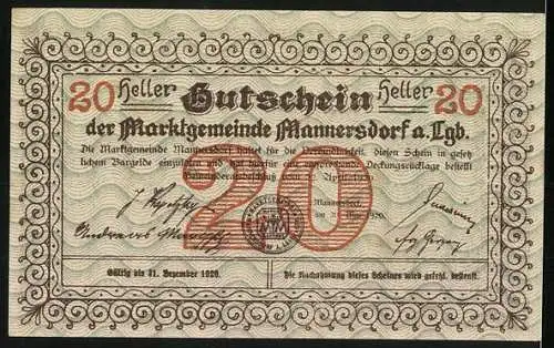 Notgeld Mannersdorf 1920, 20 Heller, Ruine Scharfeneck, dekorativer Rahmen und Signaturen