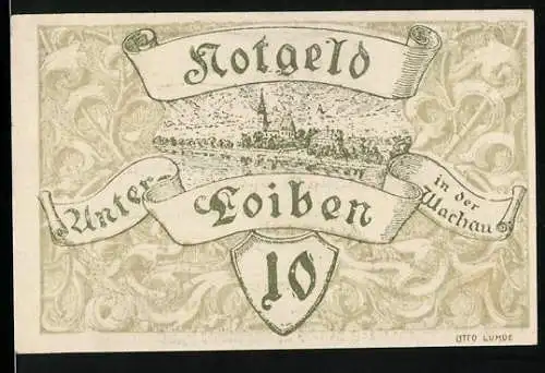 Notgeld Unter-Loiben 1920, 10 Heller, Landschaftsansicht und Schriftbanner, gültig bis 29. November 1929