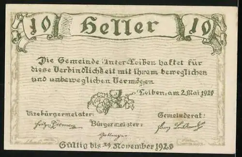 Notgeld Unter-Loiben 1920, 10 Heller, Landschaftsansicht und Schriftbanner, gültig bis 29. November 1929