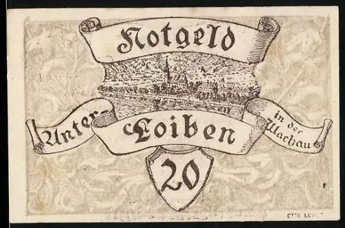 Notgeld Unterloiben 1920, 20 Heller, Panoramaansicht und Inschrift mit Datum und Unterschriften