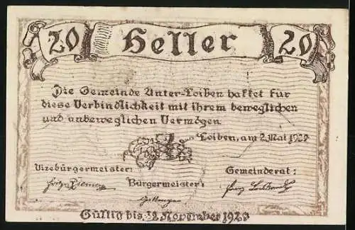 Notgeld Unterloiben 1920, 20 Heller, Panoramaansicht und Inschrift mit Datum und Unterschriften