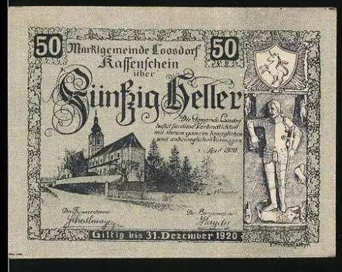 Notgeld Loosdorf 1920, 50 Heller, Kirche und Ritter, Wappen Löwe