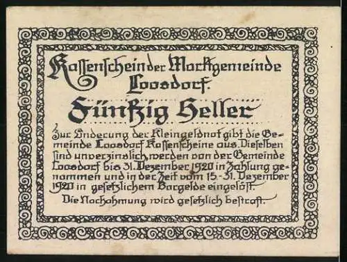 Notgeld Loosdorf 1920, 50 Heller, Kirche und Ritter, Wappen Löwe