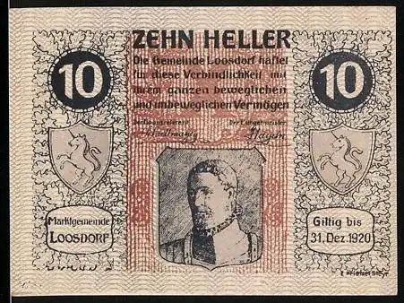 Notgeld Loosdorf 1920, 10 Heller, Portrait und Wappen mit Gültigkeitsdatum 31. Dez. 1920