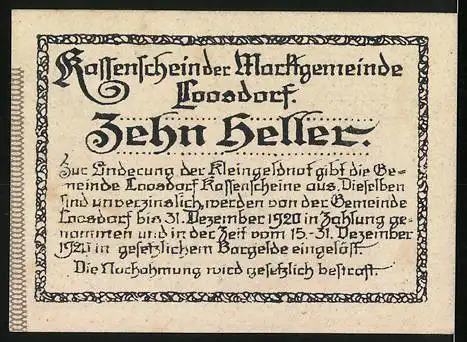 Notgeld Loosdorf 1920, 10 Heller, Portrait und Wappen mit Gültigkeitsdatum 31. Dez. 1920