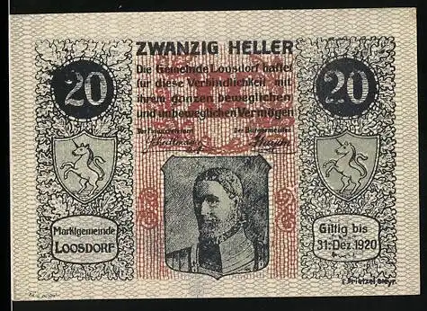 Notgeld Loosdorf 1920, 20 Heller, Porträt und Wappen, gültig bis 31. Dez. 1920