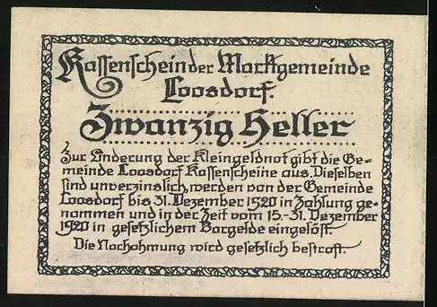 Notgeld Loosdorf 1920, 20 Heller, Porträt und Wappen, gültig bis 31. Dez. 1920