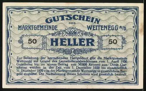 Notgeld Weitenegg 1920, 50 Heller, Stadtansicht mit Burg und Fluss, Gutscheintext und Signaturen