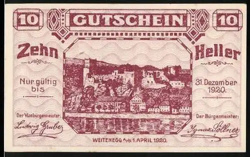 Notgeld Weitenegg 1920, 10 Heller, Burglandschaft und Schriftzüge