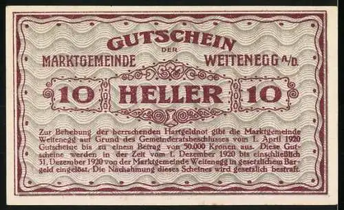 Notgeld Weitenegg 1920, 10 Heller, Burglandschaft und Schriftzüge