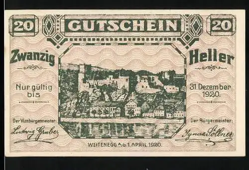 Notgeld Weitenegg 1920, 20 Heller, Burgansicht und Signaturen, gültig bis 31. Dezember 1920