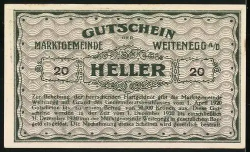 Notgeld Weitenegg 1920, 20 Heller, Burgansicht und Signaturen, gültig bis 31. Dezember 1920