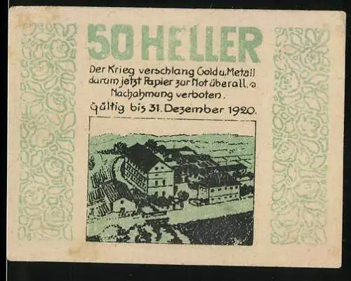 Notgeld Wimpassing 1920, 50 Heller, Stadtansicht und Landschaftsmotiv