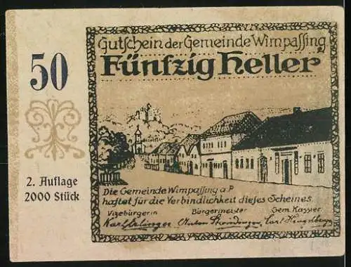 Notgeld Wimpassing 1920, 50 Heller, Stadtansicht und Landschaftsmotiv