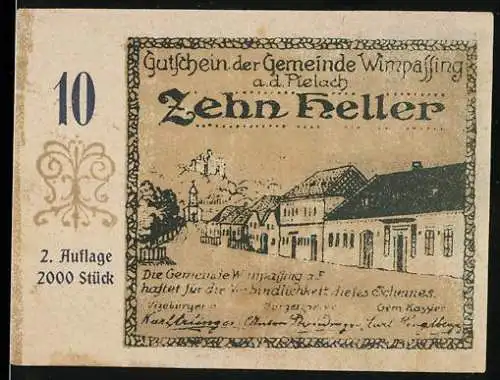 Notgeld Wimpassing an der Pielach 1920, 10 Heller, Dorfansicht und Landschaftsmotiv, Auflage 2000 Stück