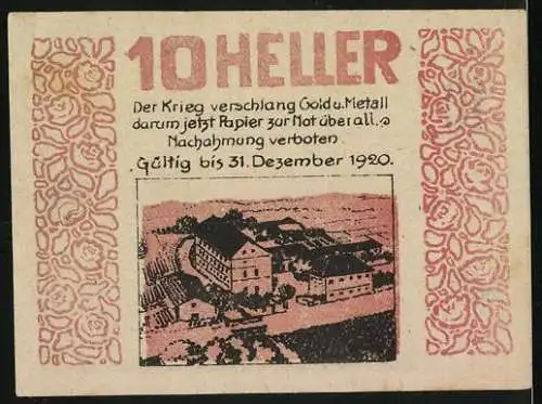 Notgeld Wimpassing an der Pielach 1920, 10 Heller, Dorfansicht und Landschaftsmotiv, Auflage 2000 Stück