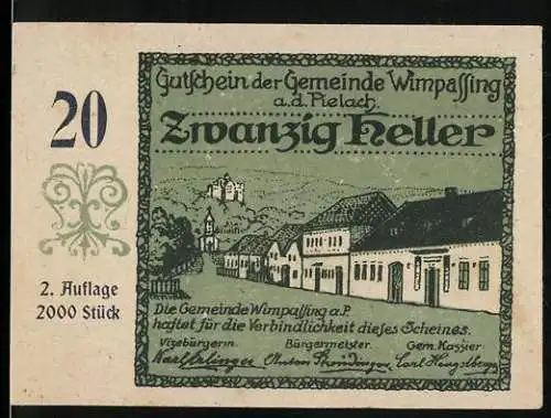 Notgeld Wimpassing 1920, 20 Heller, Dorfansicht mit Burg, Gültigkeitstext bis 31. Dezember 1920