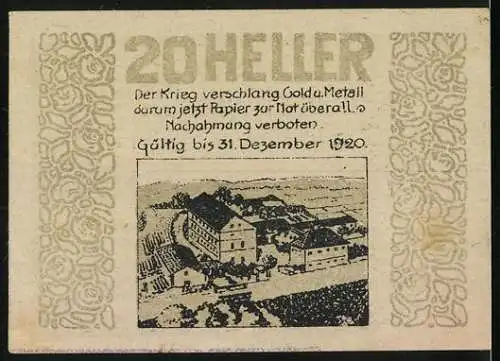 Notgeld Wimpassing 1920, 20 Heller, Dorfansicht mit Burg, Gültigkeitstext bis 31. Dezember 1920