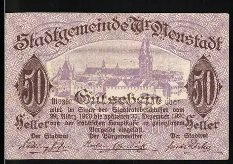 Notgeld Wiener Neustadt 1920, 50 Heller, Stadtansicht und Wappen der Stadtgemeinde